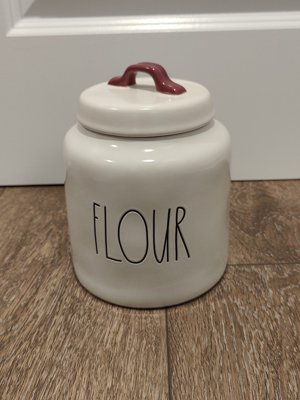 Rae Dunn Cream Ceramic Flour Canister with Maroon Handle